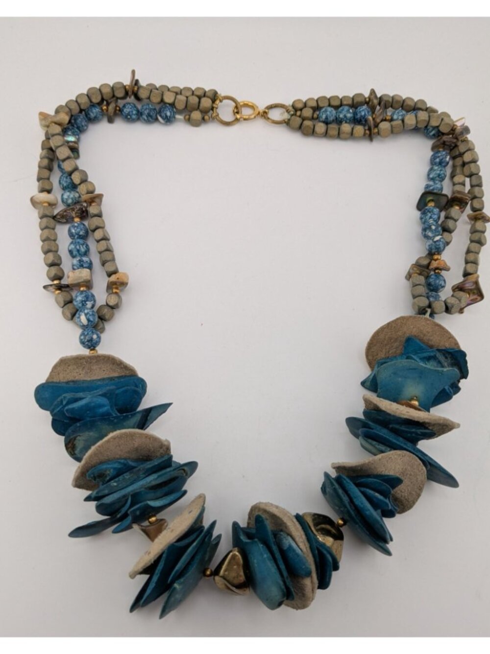 Vintage Bohemian Handmade Necklace With Wood Leather Stone & Shell Accents - Picture 6 of 6